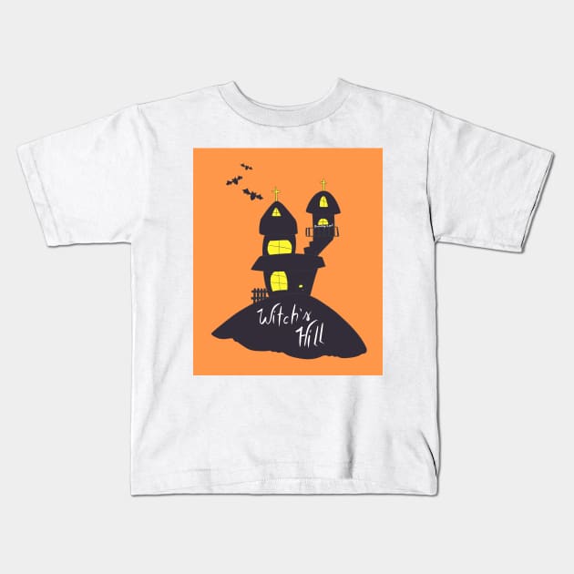 Halloween Witch's Hill in orange Kids T-Shirt by Missing.In.Art
